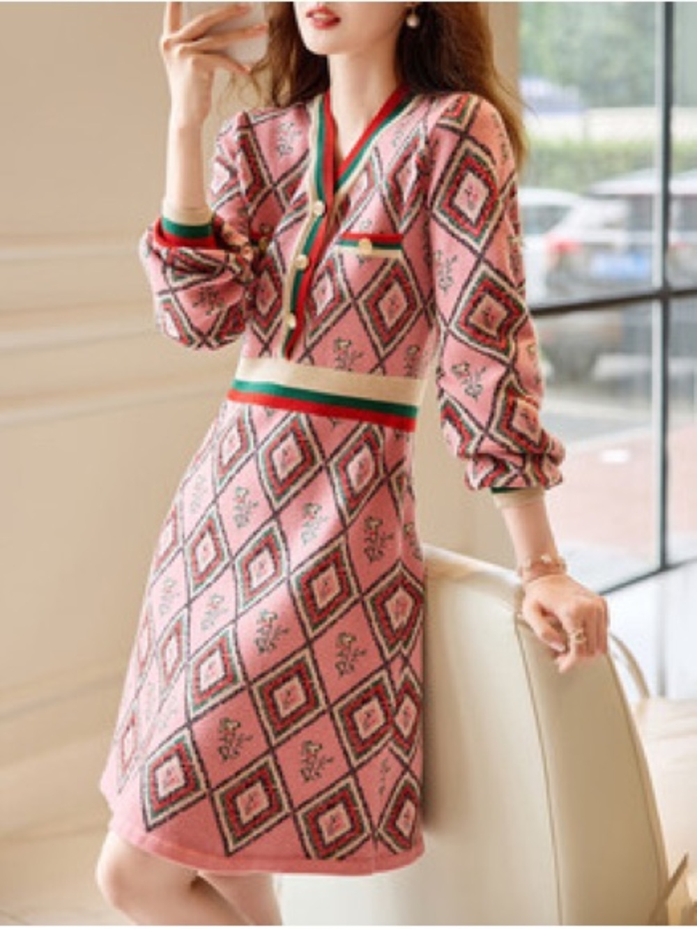 Pink Geometric Knit Dress